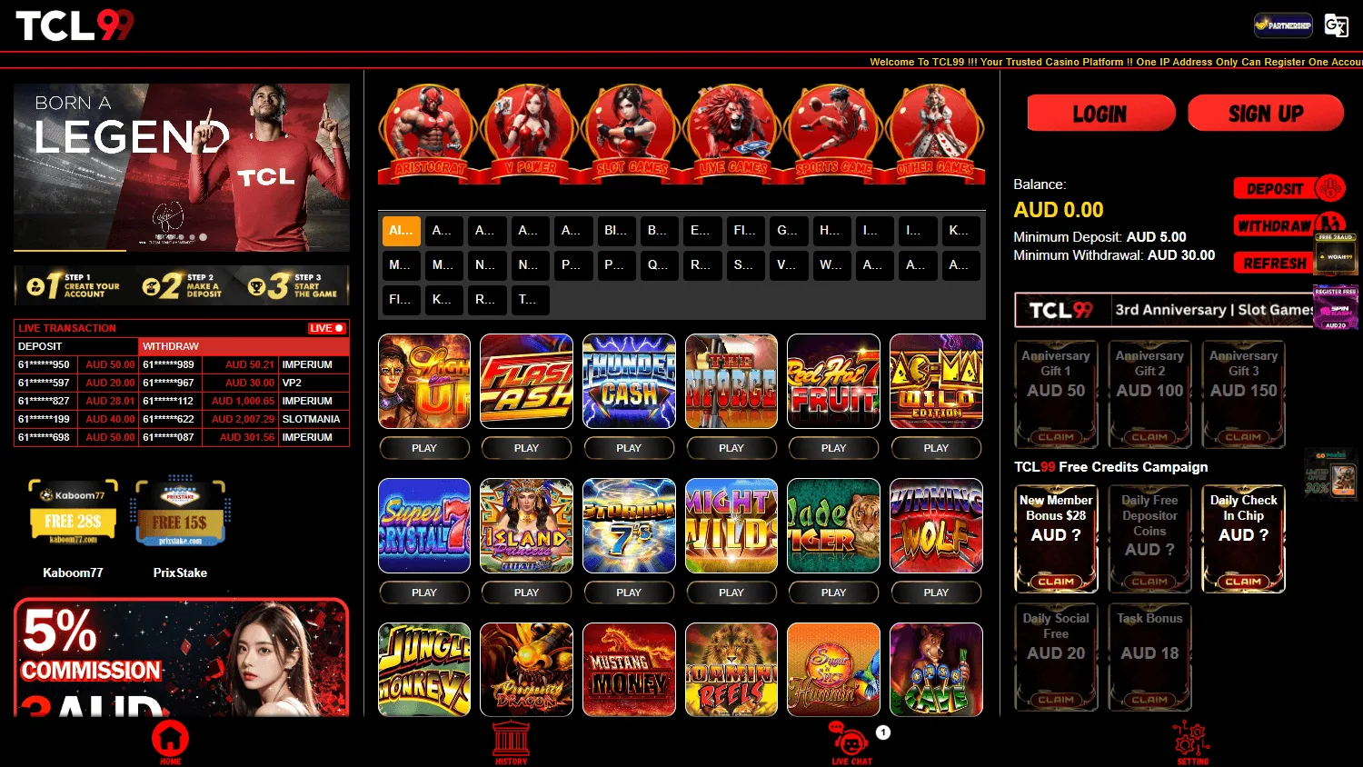 Tcl99 Casino home experience on desktop with AUD casino, live table and sportsbook options